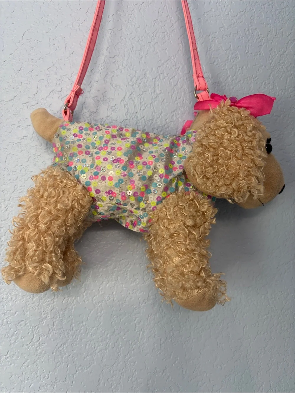 Poochie & Co Sequin Puppy Crossbody Bag with Pink Strap